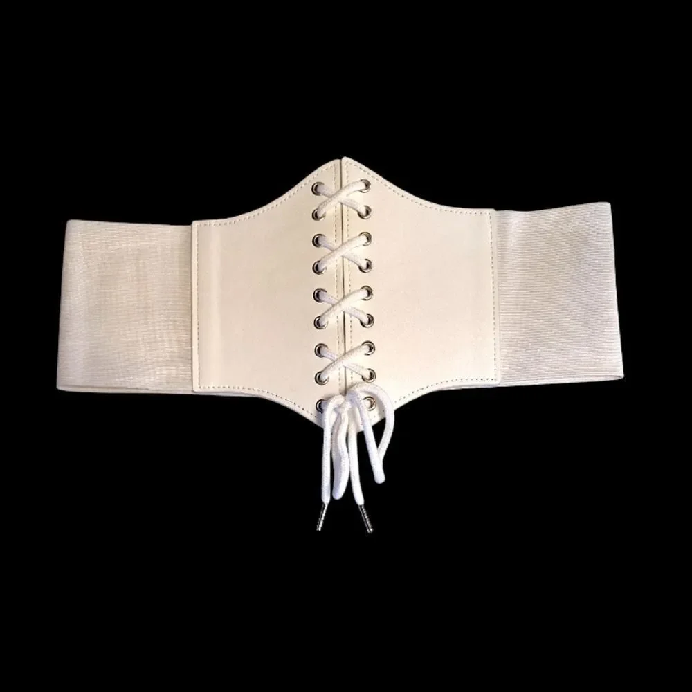 White Vegan Leather Under Breast Corset Stretch Lace‎ Up Belt One Size